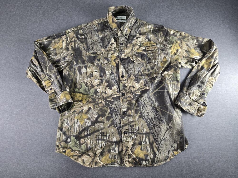 Columbia Shirt Mens Large Brown Camo Long Sleeve Button Up Hunting Mossy Oak